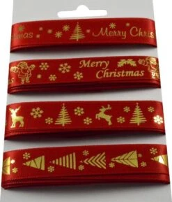 Set De Rubans De Noël 16mm (1.6cm) | Ruban De Satin De Luxe | Joyeux Noël | 4 Rubans De Noël Différents | Rouge Avec Or | Ruban Cadeau | Set: 4 X 2 Mètres