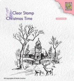 CT027 Stamp Nellie Snellen - Clear Stamps Christmas Time - Scène Hivernale Avec église Et Renne - Village De Noël Avec église Et Rennes