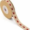 Ruban De Noël 16mm (1.6cm) | Ruban De Katoen | Ruban De Tissage Ruban De Noël | Étoiles | Naturel Crème Rouge | Ruban Cadeau | Ruban De Tissus | Rouleau : 4,5 Mètres