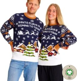 Ugly Christmas Sweater Women & Men - Pull De Noël "Santa Claus Is Coming To Town" - 100% Katoen Biologique - Pull De Noël Homme & Femme Taille L -DUNI Magasin 1146x1200 2