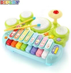 DePlay 3-en-1 Xylophone - Xylophone Jouets - Clavier - Piano - Batterie - Kit De Batterie - Espace De Rangement Pour Baguettes - Baguettes De Sécurité - Père Noël - Cadeau