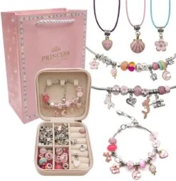 Bijoux- Bracelet à Breloques DIY - Collier - Dans Une Boîte à Bijoux + Sac Cadeau Rose - 66 Pièces - Créatif - Enfants - Artisanat - DIY - Coffret Cadeau - Anniversaire - Noël - Sinterklaas - Cadeau -DUNI Magasin 1169x1200