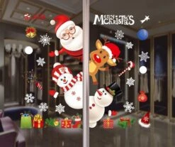 Sticker Joyeux Noël Avec Deux Bonhommes De Neige, Père Noël, Rennes Et Cadeaux 50 X 70 Cm - Sticker Noel - Sticker Noel - Sticker Noel