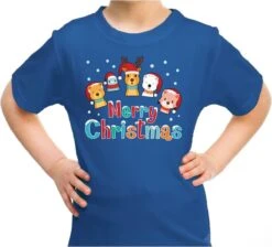Mauvaise Chemise De Noël / T-shirt Animaux Amis Joyeux Noël Bleu Pour Enfants - Vêtements De Noël / Tenue De Noël L (140-152)