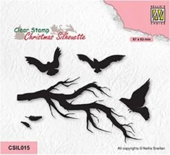 CSIL015 Nellie Snellen Silhouette Clear Stamp - Branche Avec Oiseaux - Timbre De Noël Branche Et Oiseaux - Branches Nues - Plumes 3x Oiseau Volant - Noël