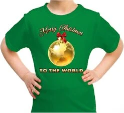 Mauvaise Chemise / T-shirt De Noël - Joyeux Noël Au Monde - Vert Pour Les Enfants - Vêtements De Noël / Tenue De Noël XL (164-176)