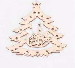 Pour Noël - Décorations En Bois (naturel), 99x99x3mm, Arbre De Noël Découpé Avec Paysage D'hiver. Vendu Par 5 Pièces