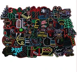 Autocollants De Noël Néon | Vacances - Pack De 50 Autocollants De Noël - Pour Mur, Fenêtre, Porte, Ordinateur Portable, Etc.