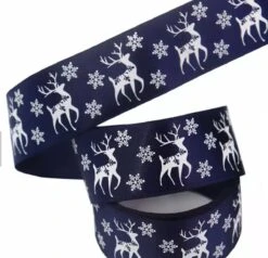 Ruban De Noël 25mm (2.5cm) | Ruban De Satin De Luxe | Ruban De Noël Flocon De Neige Renne | Blauw Marine Wit | Ruban Cadeau | Rouleau : 10 Mètres
