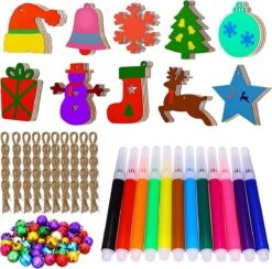 Décorations De Noël En Bois Lot De 50 Cintres De Noël En Bois + 12 Stylos De Couleur + 50 Grelots Pour Bricolage Sapin De Noël