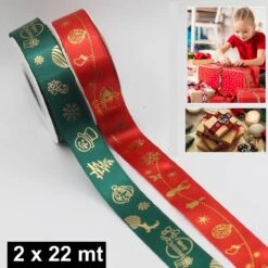 Set De 2 Rubans Satin Imprimés 22 Mètres, Thema NOËL, Qualité Prima , Largeur 25 Mm, 1 X 22 Mètres GREEN-D, 1 X 22 Mètres RED-D