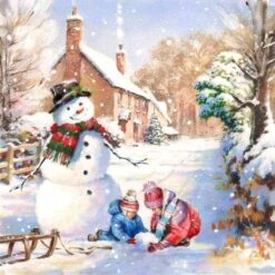 Peinture Au Diamond - Enfants Jouant Dans La Neige - Noël - Fabriqué Aux Pays- Nederland - 60 X 60 Cm - Toile - Pierres Carrées - Livré Sous 2-3 Jours Ouvrables