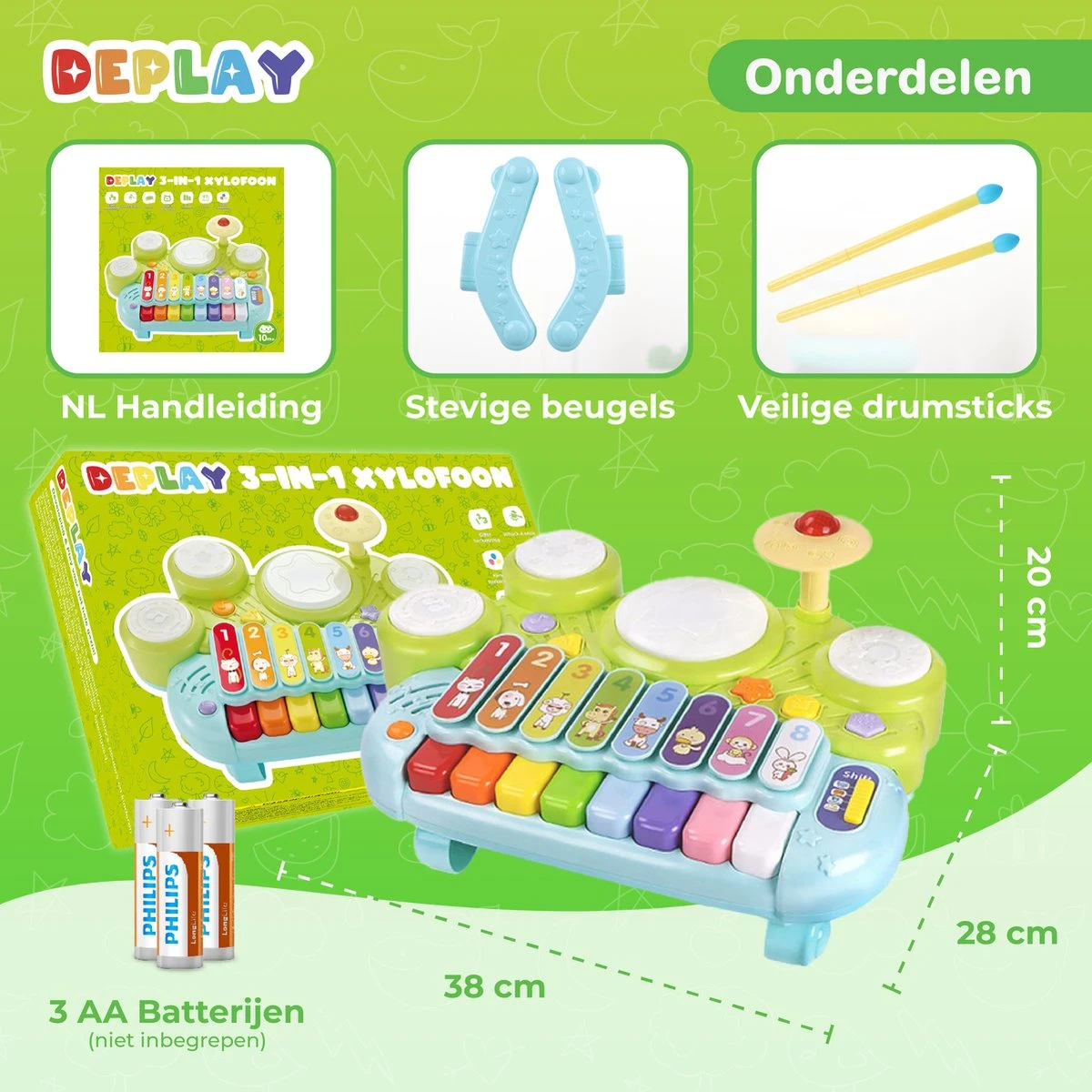 DePlay 3-en-1 Xylophone - Xylophone Jouets - Clavier - Piano - Batterie - Kit De Batterie - Espace De Rangement Pour Baguettes - Baguettes De Sécurité - Père Noël - Cadeau 5 DePlay 3-en-1 Xylophone - Xylophone Jouets - Clavier - Piano - Batterie - Kit De Batterie - Espace De Rangement Pour Baguettes - Baguettes De Sécurité - Père Noël - Cadeau – Image 3