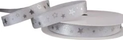 Ruban De Noël Étoile 10mm (1cm) | Ruban De Satin Double Face De Luxe | Étoiles Glitter Argent | Argent Clair (007) Glitter Argent Métallisé | Ruban Cadeau | Rouleau : 10 Mètres