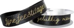 Ruban De Noël 16mm (1.6cm) | Ruban Satin | Ruban De Noël De Qualité De Luxe | Joyeuses Fêtes Bonne Année | Éclat De Feuille Goudor Métallique Zwart | Ruban Cadeau | Ruban De Décoration | Rouleau : 10 Mètres