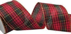 Ruban De Noël Avec Fil De Fer | Vérifier Ruban Vichy | Ruban De Tissage 63mm (6.3cm) | Rouge Or Vert Foncé Brillant | Carreaux De Ruban De Noël à Plaid | Ruban De Tissus | Ruban Cadeau | Ruban De Décoration | Longueur: 3 Mètres