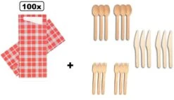 100x Couverts Pochette 8x18.5cm Boerenbont + Serviette + Ensemble Couverts En Bois - Couverts Pochette Serviettes Tissu Dîner Festival Alimentaire Snack Carnaval Festival Événement Fête À Thème De Noël
