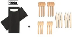 100x Pochette à Couverts 8x18.5cm Noir + Serviette + Set De Couverts En Bois - Pochette à Couverts Serviettes En Tissu Dîner Festival De Nourriture Collation Carnaval Festival événement Fête à Thème De Noël