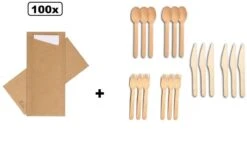 100x Couverts Pochette 8x18.5cm Nature Kraft + Serviette + Couverts En Bois - Couverts Pochette Serviettes Tissu Dîner Festival Alimentaire Snack Carnaval Festival Événement Fête À Thème De Noël
