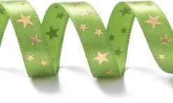Ruban De Noël 10mm (1cm) | Ruban De Satin De Luxe | Ruban De Noël | Étoiles D'or | Or Vert | Ruban Cadeau | Ruban De Décoration | Rouleau : 9 Mètres