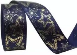 Ruban De Noël 22mm (2,2cm) | Ruban De Satin De Luxe | Ruban De Noël Etoiles Poinsettia | Blauw Marine Or Brillant | Ruban De Décoration | Ruban De Tissus | Ruban Cadeau | Rouleau : 10 Mètres