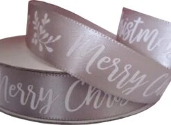 Ruban De Noël 16mm (1.6cm) | Ruban De Satin De Luxe | Joyeux Noël | Argent Blanc | Ruban Cadeau | Rouleau : 10 Mètres