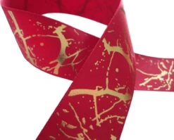 Ruban De Noël 22mm (2,2cm) | Ruban De Satin De Luxe | Feuille D'or De Ruban De Noël élégant | Motif Look Marbre | Glitter Goudor Rouge Foncé | Ruban Cadeau | Ruban De Décoration | Rouleau : 10 Mètres