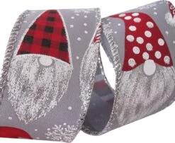 Ruban De Noël Avec Fil De Fer | Ruban Aspect Toile De Look | Ceinture Tissage Luxe 38mm (3,8cm) | Gnome De Noël | Grijs Wit Rouge Argent Glitter | Ruban De Décoration | Ruban Cadeau | Longueur: 3 Mètres