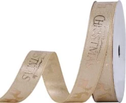 Ruban De Noël Joyeux Noël Renne 16mm (1.6cm) | Ruban De Satin Double Face De Luxe | Ruban De Noël Glitter Renne Cerf Crème Ivoire Goud | Babeurre (824) Glitter Goudor Métallique | Ruban Cadeau | Ruban De Décoration | Rouleau : 10 Mètres