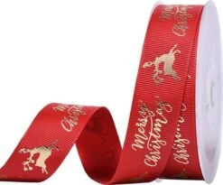 Ruban De Noël 25mm (2.5cm) | Ruban Ondulé Gros-grain | Ruban De Noël De Luxe | Joyeux Noël Renne | Rouge (250) Or | Rouleau : 10 Mètres