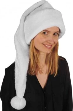 Luxe Chapeau De Noël En Peluche Longue Blanc/argent Pour Adulte 75 Cm - Accessoires De Noël/Accessoires De Déguisement De Noël