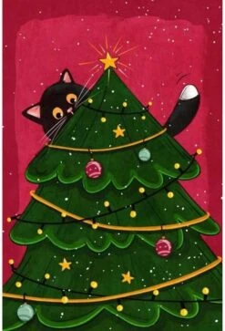 Peinture Au Diamond - Sapin De Noël Avec Chat - Illustration De Lonneke Verhoef - 50 X 70 Cm - Matériel De Toile - Pierres Carrées + Stylo De Luxe Gratuit D'une Valeur De 12,99