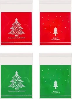400 Pièces - Sacs De Fête Transparents - Motif Sapin De Noël - 4 Modèles - Sacs En Cellophane - Sacs à Snoep - Refermables - Auto-adhésifs - Transparents - Convient Aux Biscuits, Snoep, Chocolat - Transparent