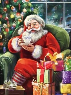 Forfait Peinture De Diamants - Série Noël - Père Noël Avec Café - 40x30 Cm - Set Complet - Couverture Complète - Pierres Rondes