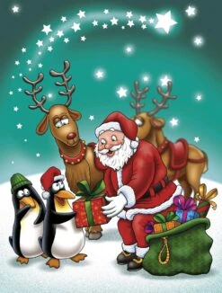 Peinture De Diamants Pingouins Avec Père Noël 30x40cm. DP Couverture Totale - Pierres Carrées - Peinture Au Diamant Avec Outils