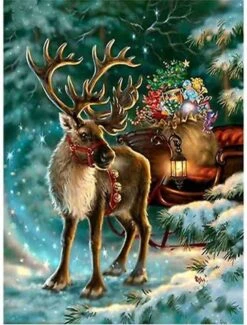 Peinture Au Diamond - Renne Dans La Neige - Noël - Fabriqué Aux Pays- Nederland - 30 X 40 Cm - Toile - Pierres Carrées - Livré Sous 2-3 Jours Ouvrables