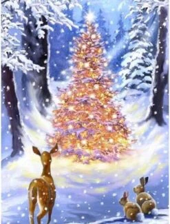 Peinture Au Diamond - Arbre Avec Des Lumières Dans La Forêt - Noël - Fabriqué Aux Pays- Nederland - 60 X 90 Cm - Toile - Pierres Carrées + Stylo De Luxe Gratuit D'une Valeur De 12,99