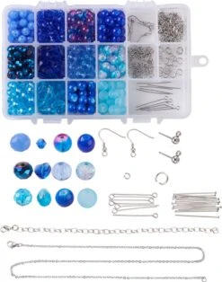 Jeu De Perles Bleu | Kit De Bijoux Complet | Fournitures En Acier Inoxydable | Perles De Verre | Cadeau De Noël | Kit De Démarrage Parfait