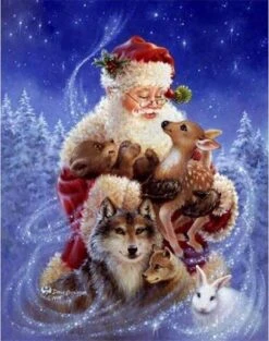 Diamond Painting De Luxe 40x50cm - Noël - Père Noël Avec Animaux - Pierres Rondes