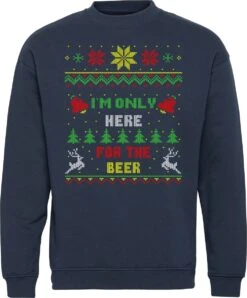 Pull De Noël Only Ici Pour La Bière | Ugly Christmas Pull Femme Homme | Cadeau De Noël Adultes | Noël | Marine | Taille XS