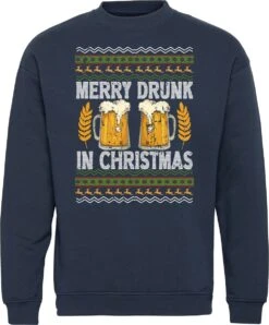 Pull De Noël Merry Drunk Christmas | Ugly Christmas Pull Femme Homme | Cadeau De Noël Adultes | Noël | Marine | Taille XS